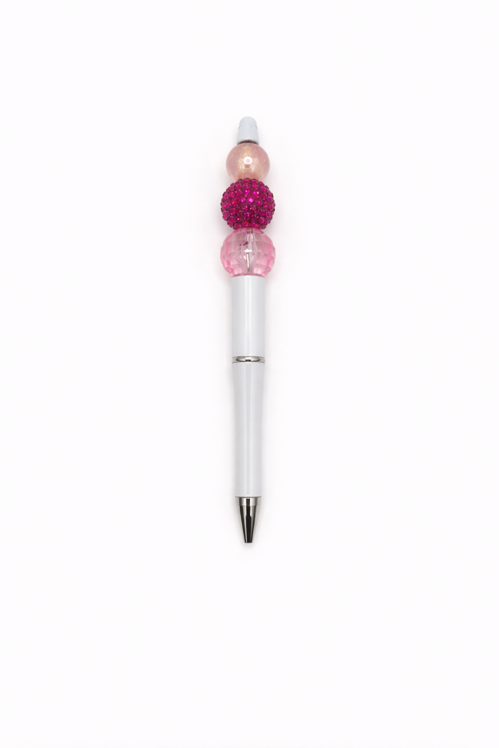 Hot Pink Sparkle Beaded Pen - Refillable White Barrel