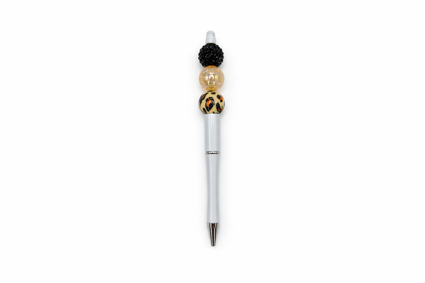 Chic Leopard Gold Sparkle Beaded Pen - Black & Gold Beads - Refillable White Barrel Pen