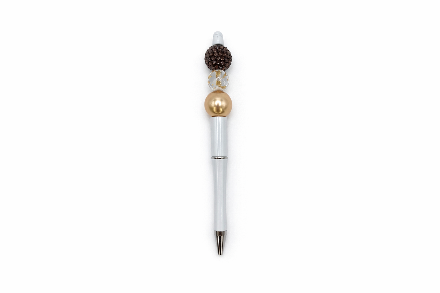 Mocha Gold Luxe Beaded Pen - Brown Rhinestone & Gold Foil Beads - Refillable White Barrel Pen