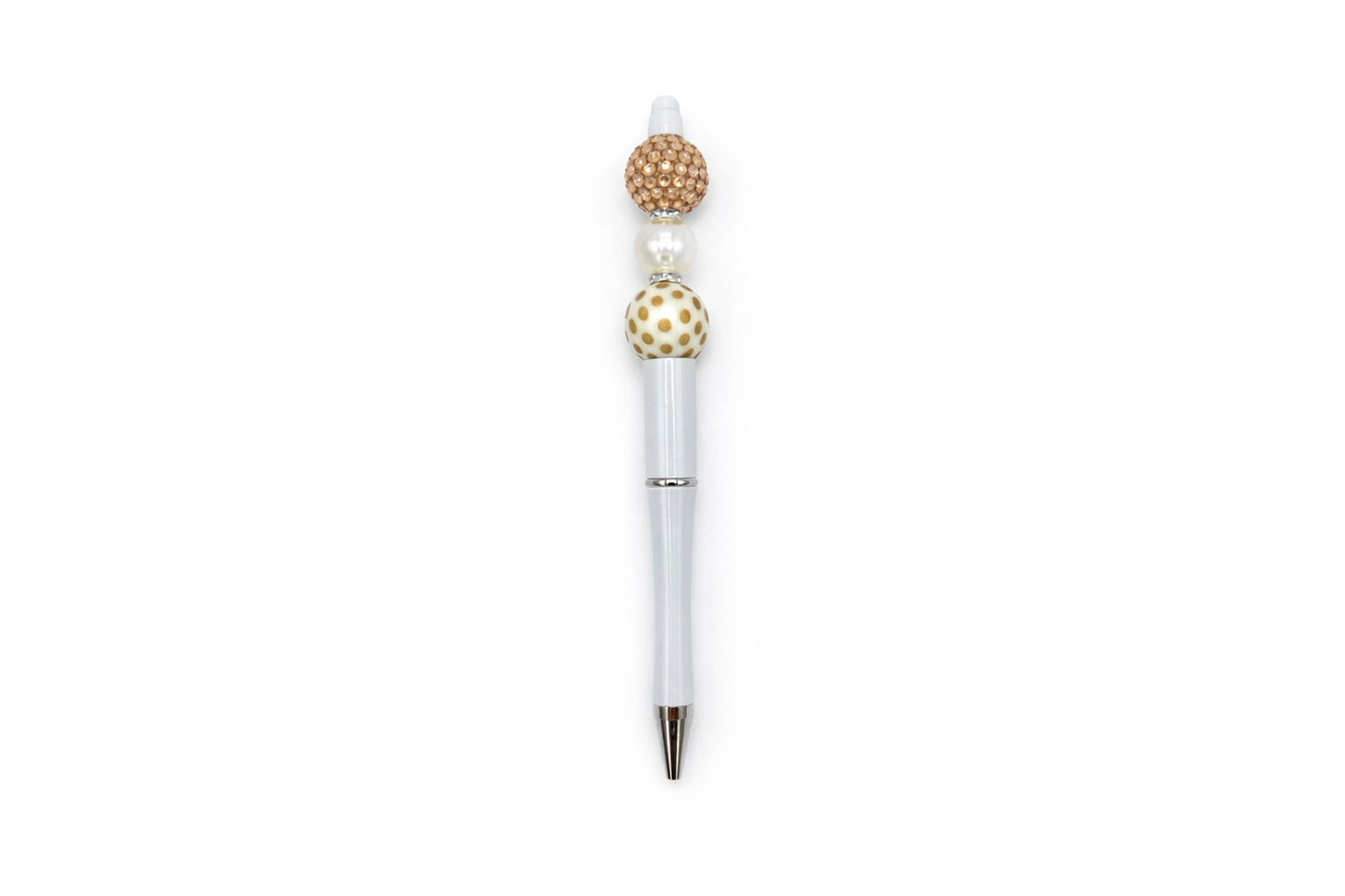 Champagne Pearl Glam Beaded Pen - Gold Rhinestone & Polka Dot Beads - Refillable White Barrel Pen