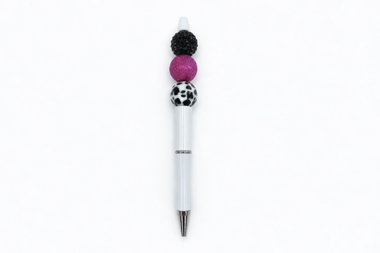 Cow Print & Textured Fuchsia Beaded Pen – White Refillable Barrel