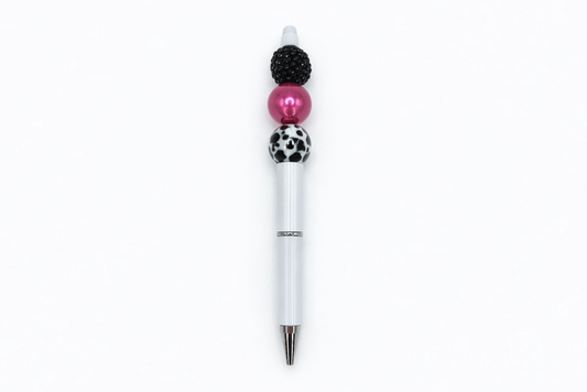 Cow Print & Fuchsia Beaded Pen - White Refillable Barrel Pen