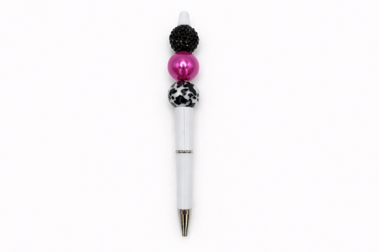 Cow Print & Fuchsia with Black Sparkly Beaded Pen- Refillable White Barrel