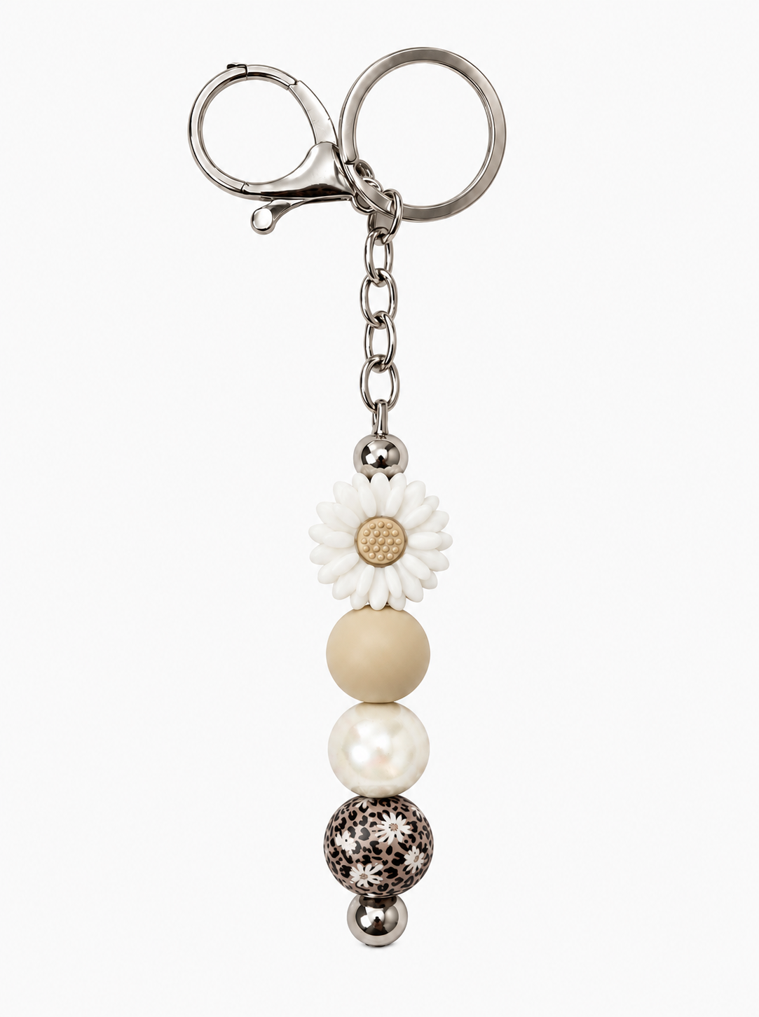 Daisy Leopard Beaded Keychain Bag Charm – Neutral Floral Keychain Bag Charm