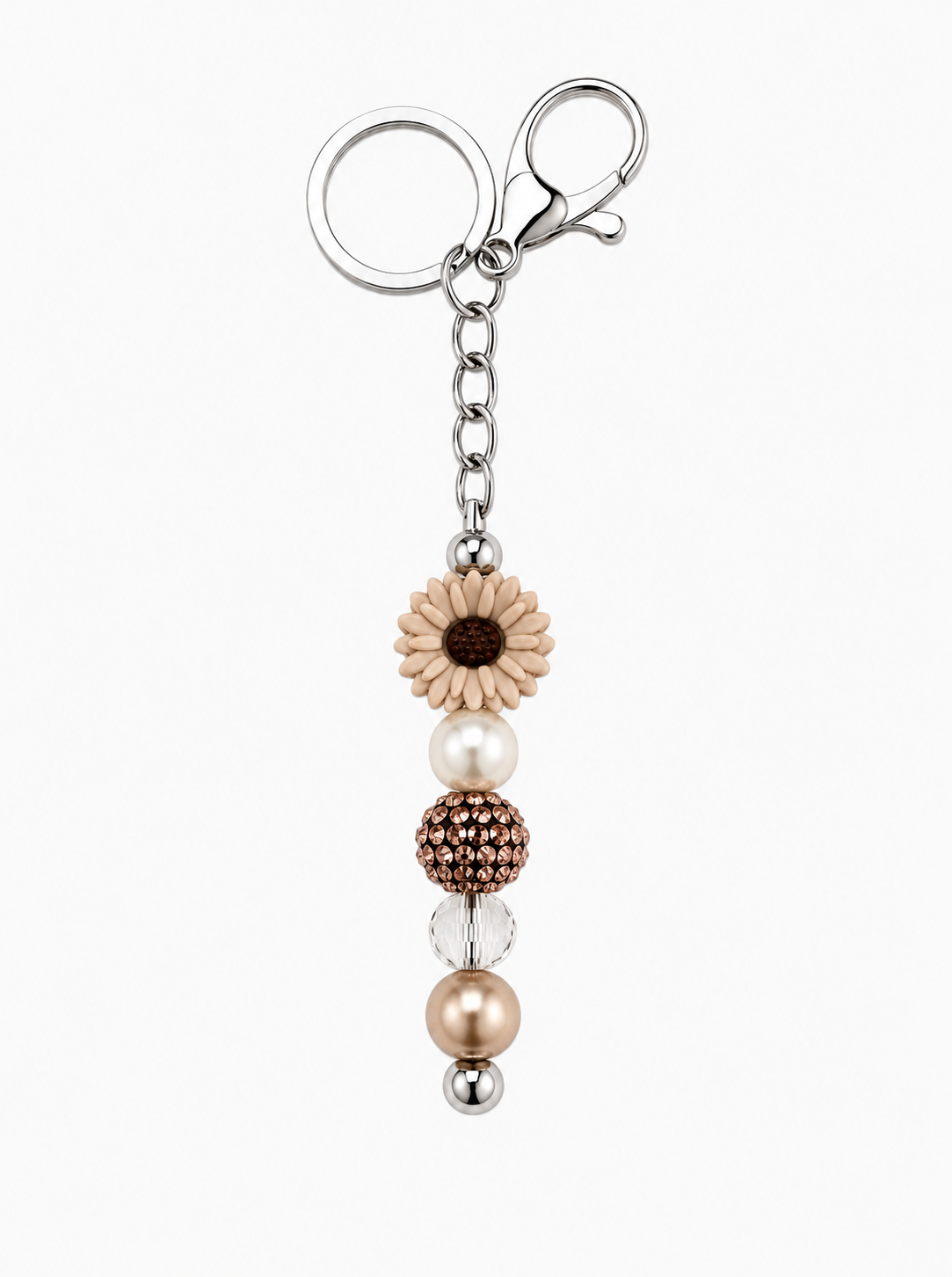 Taupe Daisy Keychain Bag Charm - Pearl & Mocha Rhinestone Beads