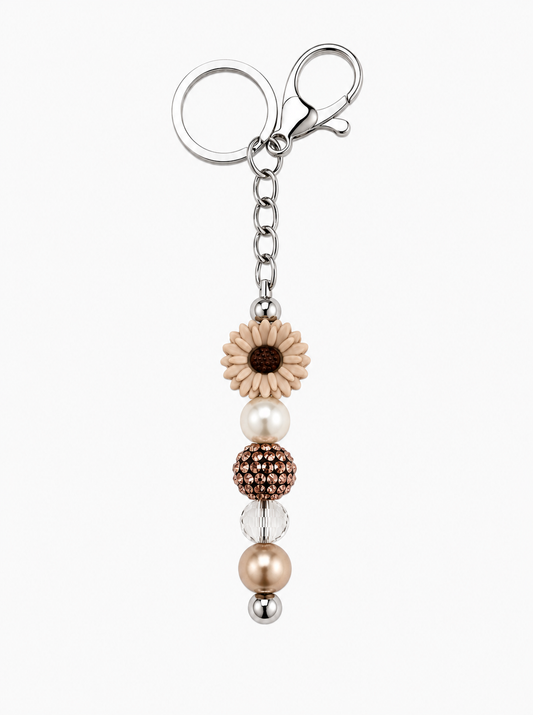 Taupe Daisy Keychain Bag Charm - Pearl & Mocha Rhinestone Beads