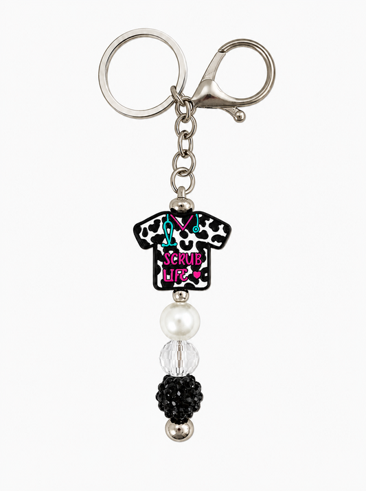 Scrub Life Nurse Keychain Bag Charm - Cow Print, Pearl & Black Sparkle Beads
