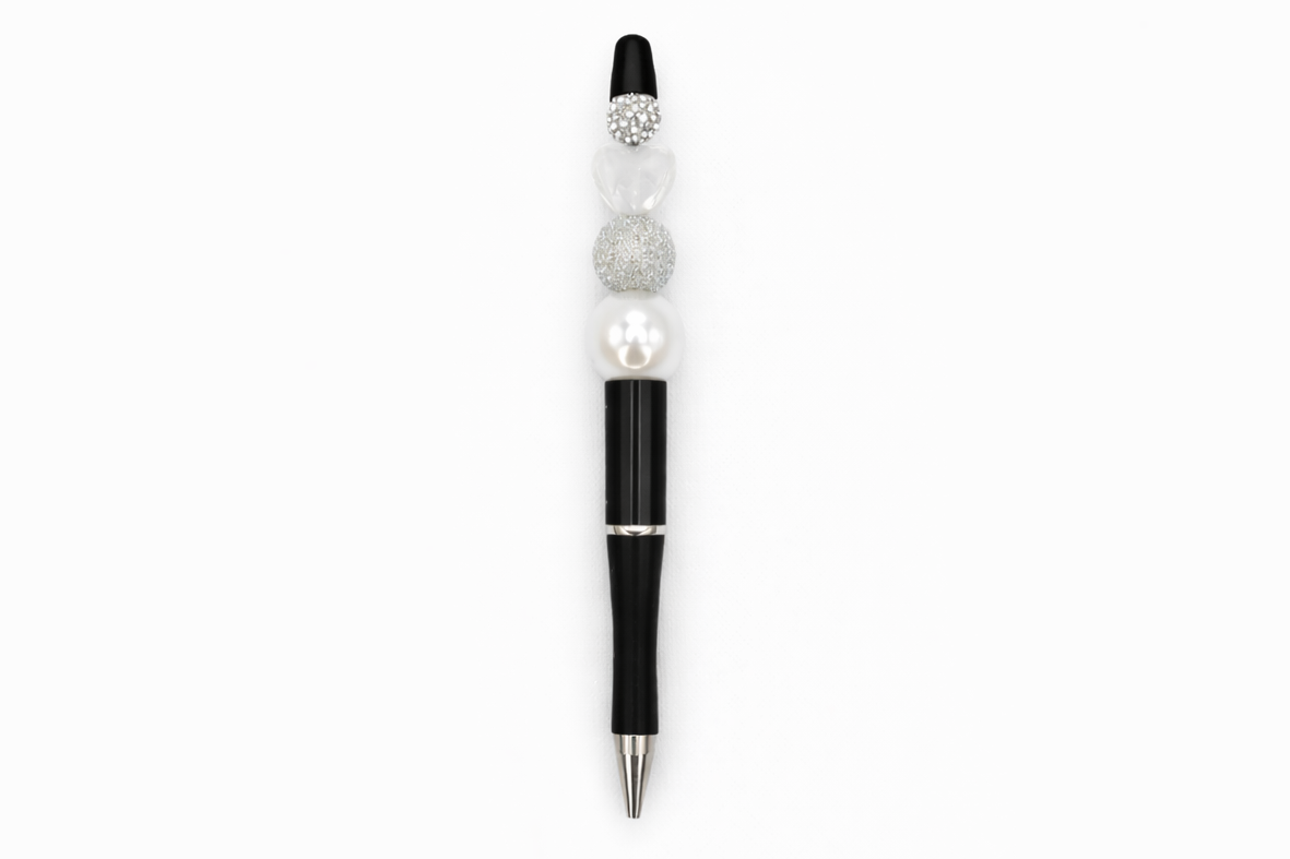 Frosted Pearl Beaded Pen – Heart & Silver Sparkle Accent - Elegant Winter-Inspired Gift Pen