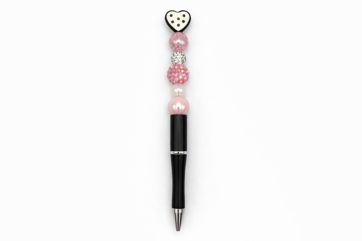 White Heart Topper Sparkly Beaded Pen with Black Refillable Barrel