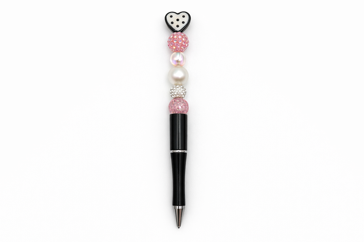 White Heart Topper Beaded Pen with Pearl, Pink and Rhinestone Beads– Refillable Black Barrel
