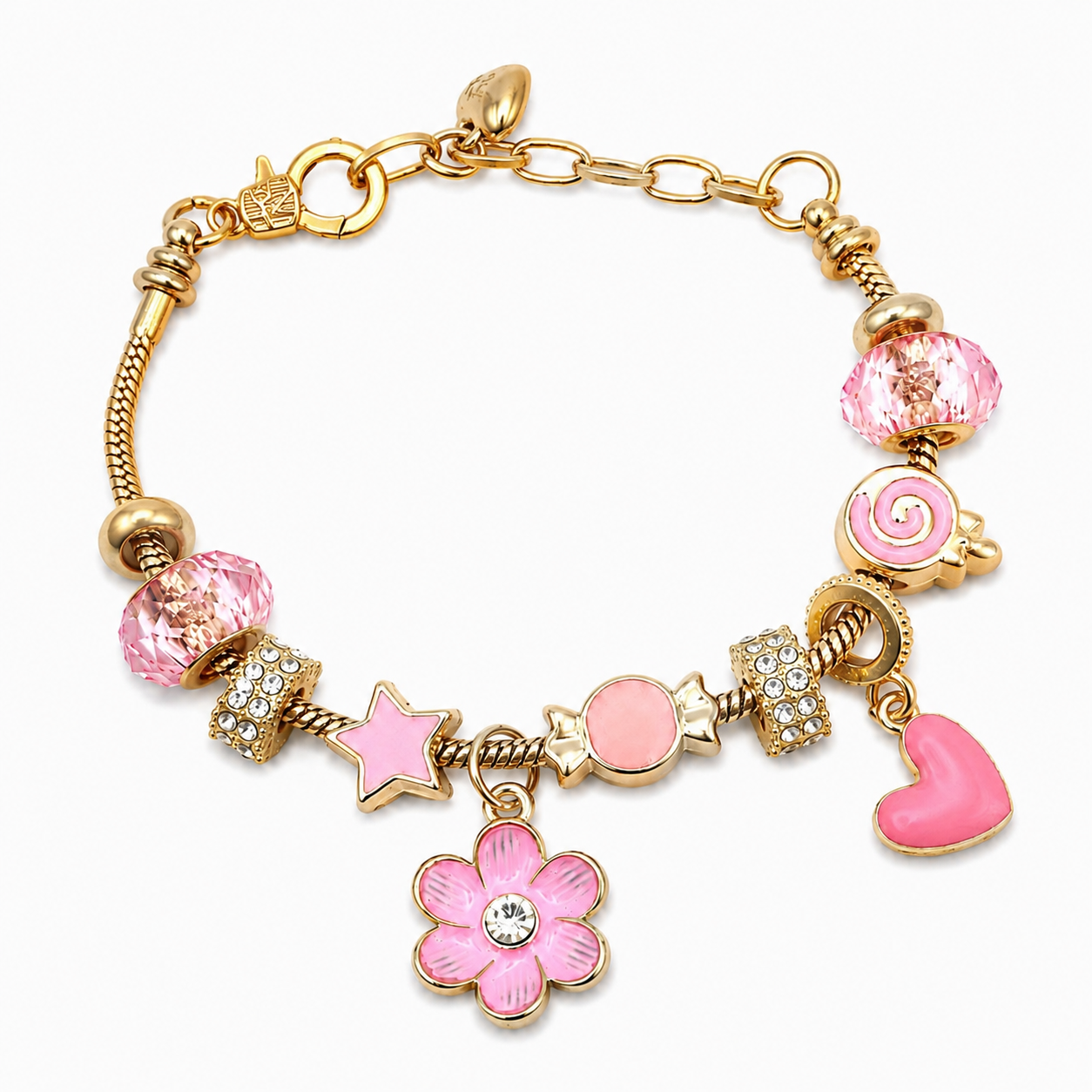 Pink Fashion Charm Bracelet - Gold Coquette Heart & Floral Charm Bracelet