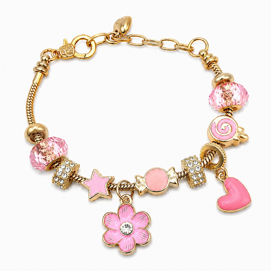 Pink Fashion Charm Bracelet - Gold Coquette Heart & Floral Charm Bracelet