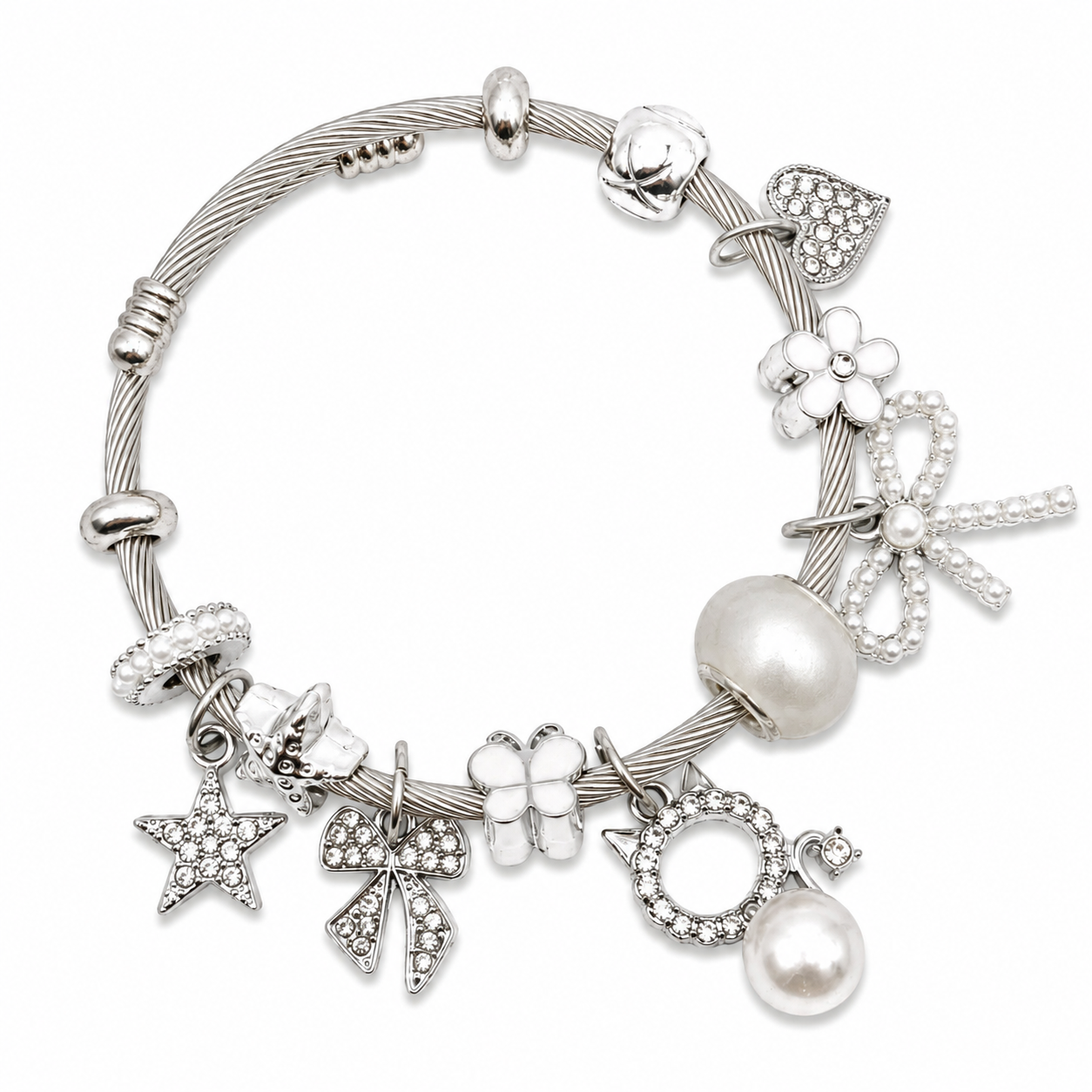 Pearl & White Fashion Charm Bracelet - Silver Coquette Bow & Floral Bangle