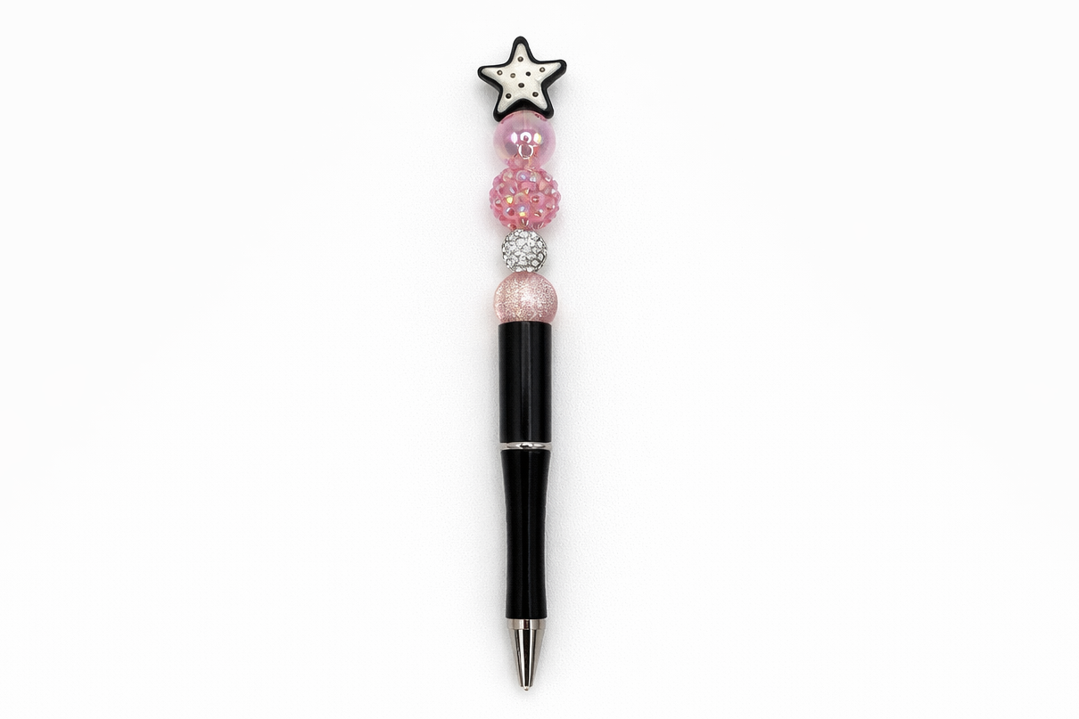 White Star Topper Beaded Pen – Pink Sparkly Beads with a Black Refillable Barrel