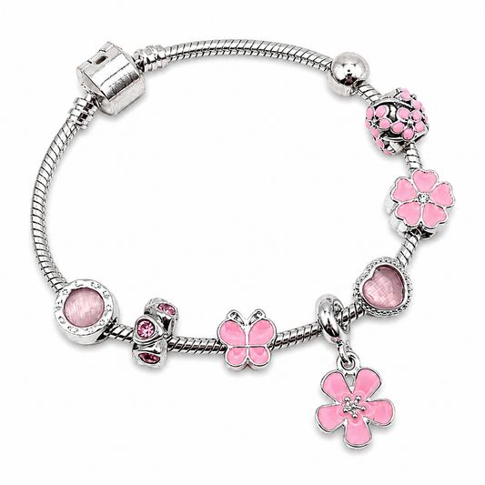 Pink Floral Fashion Charm Bracelet - Elegant Silver Charm Bracelet with Flower & Heart Accents in
