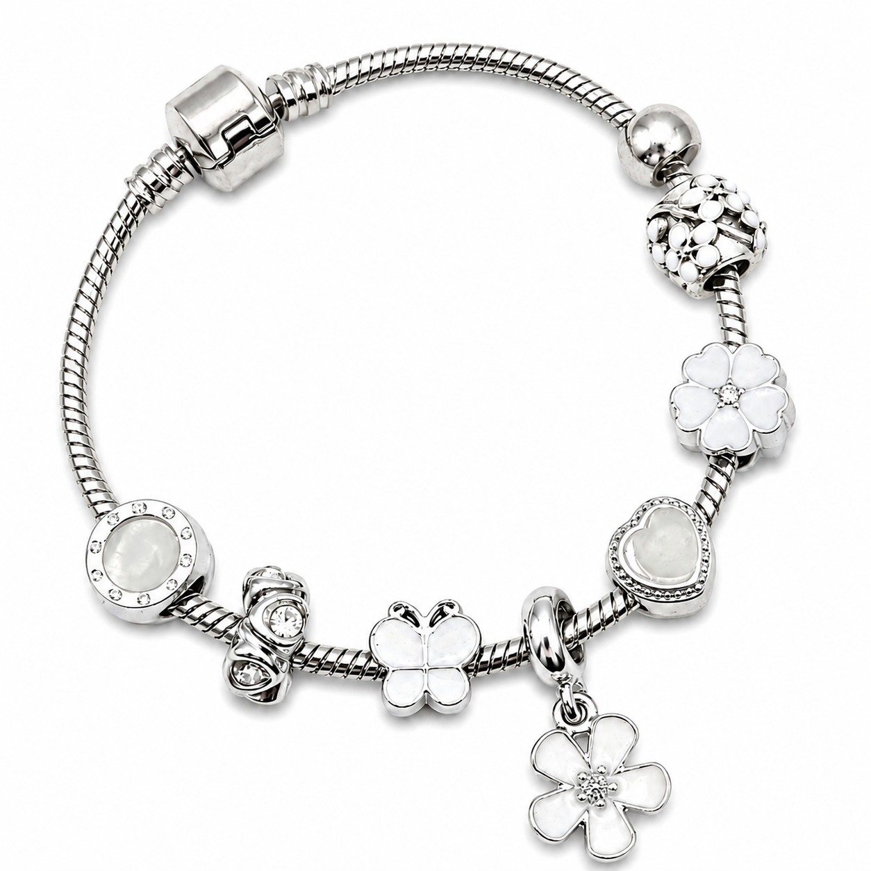 White Floral Fashion Charm Bracelet - Elegant Silver Charm Bracelet with Flower & Heart Accents
