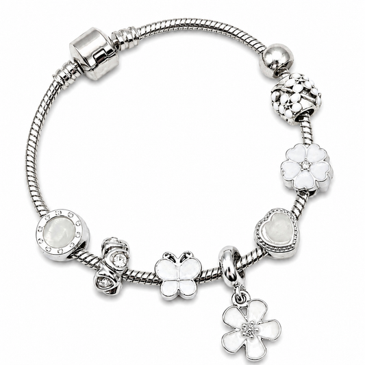 White Floral Fashion Charm Bracelet - Elegant Silver Charm Bracelet with Flower & Heart Accents