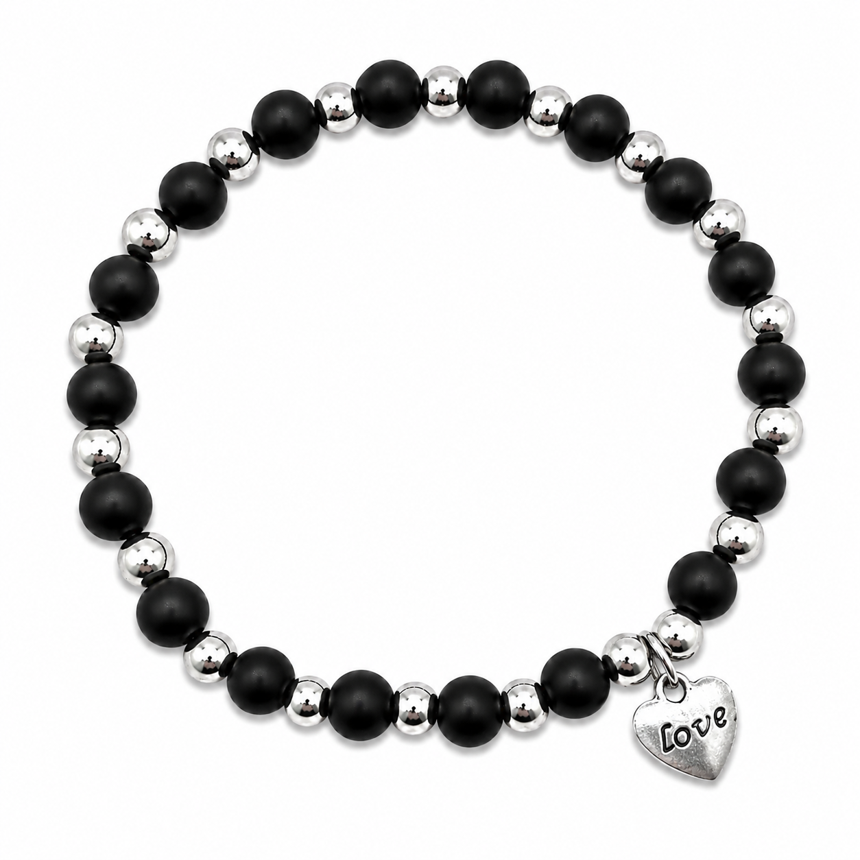 Women’s Black Onyx Bead Bracelet with Love Charm and Round Spacers - 6mm Stretch Bracelet
