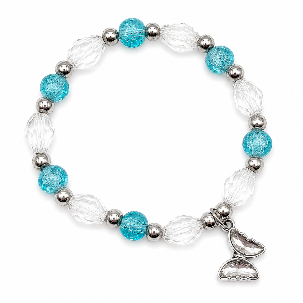 Lake Blue Crackle & Clear Faceted Glass Bead Bracelet with Silver Butterfly Charm