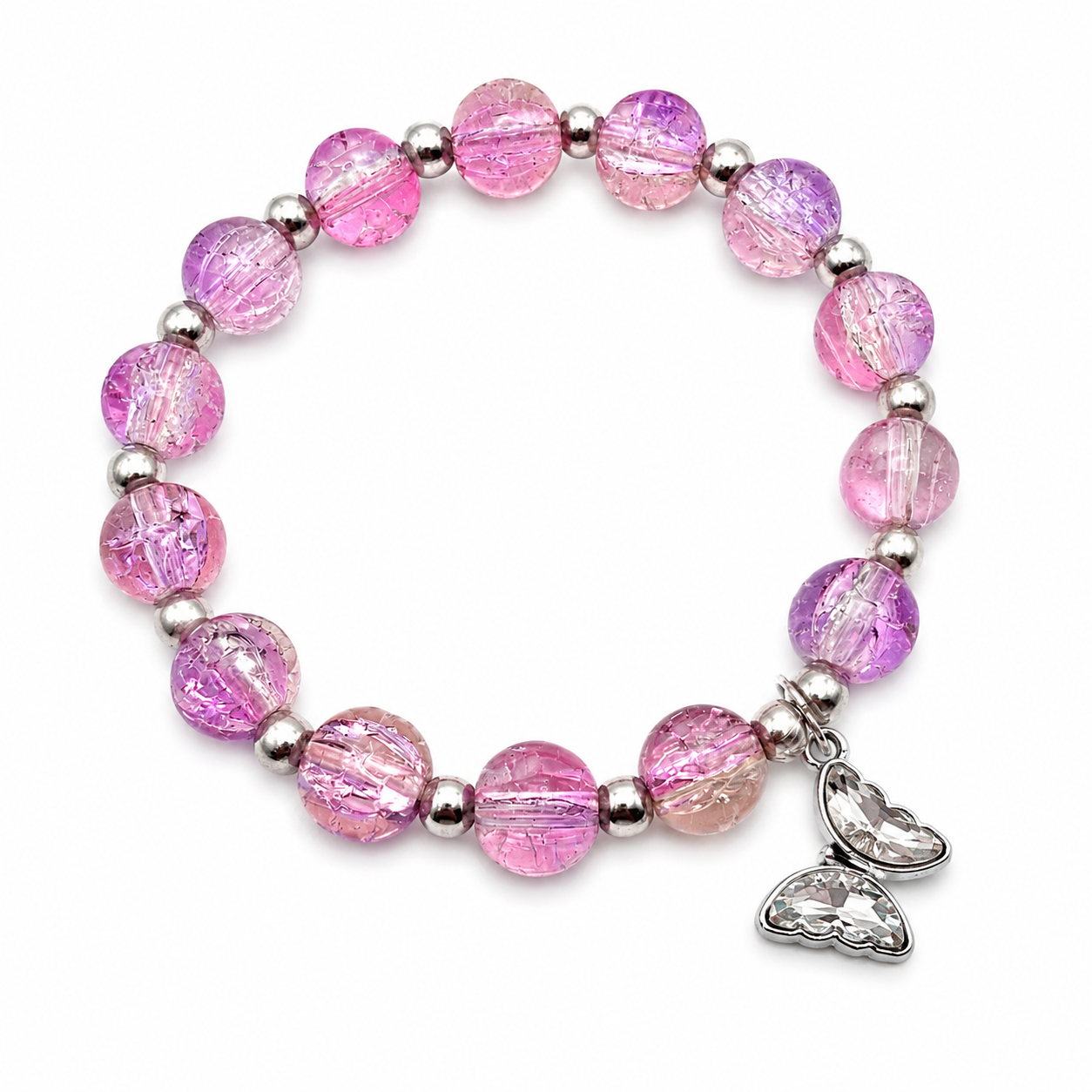 Purple Gradient  Glass Beads Bracelet with Metal Spacers & Butterfly Charm