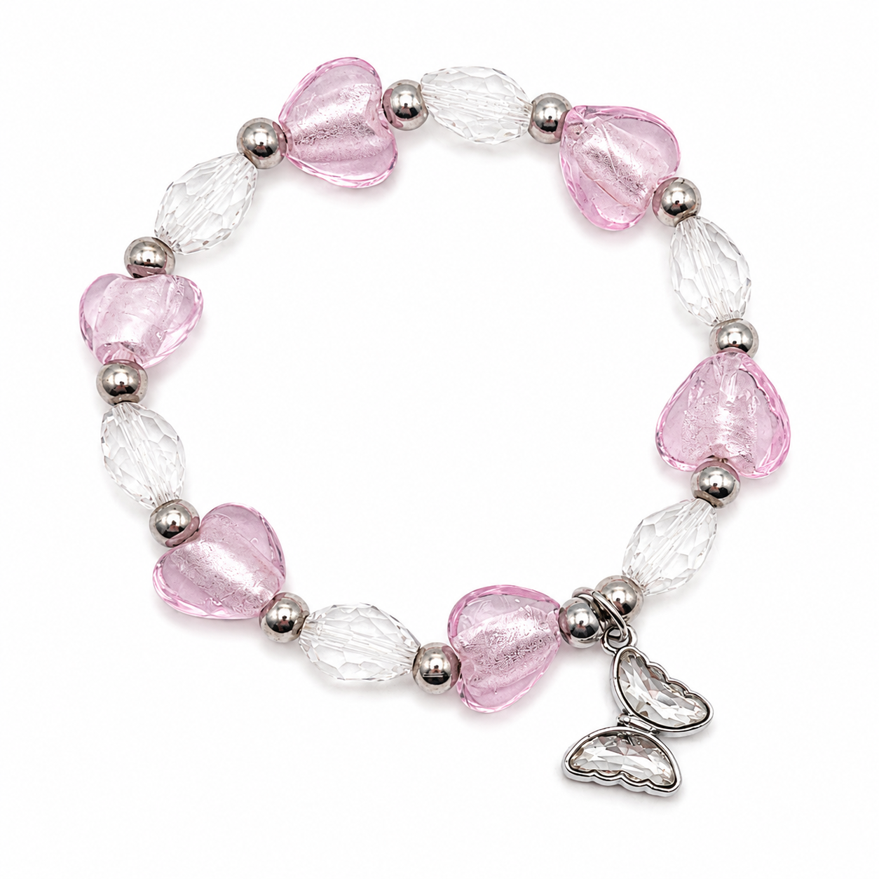 Light Pink Heart Glass Bead Bracelet with Clear Faceted Beads & Butterfly Charm
