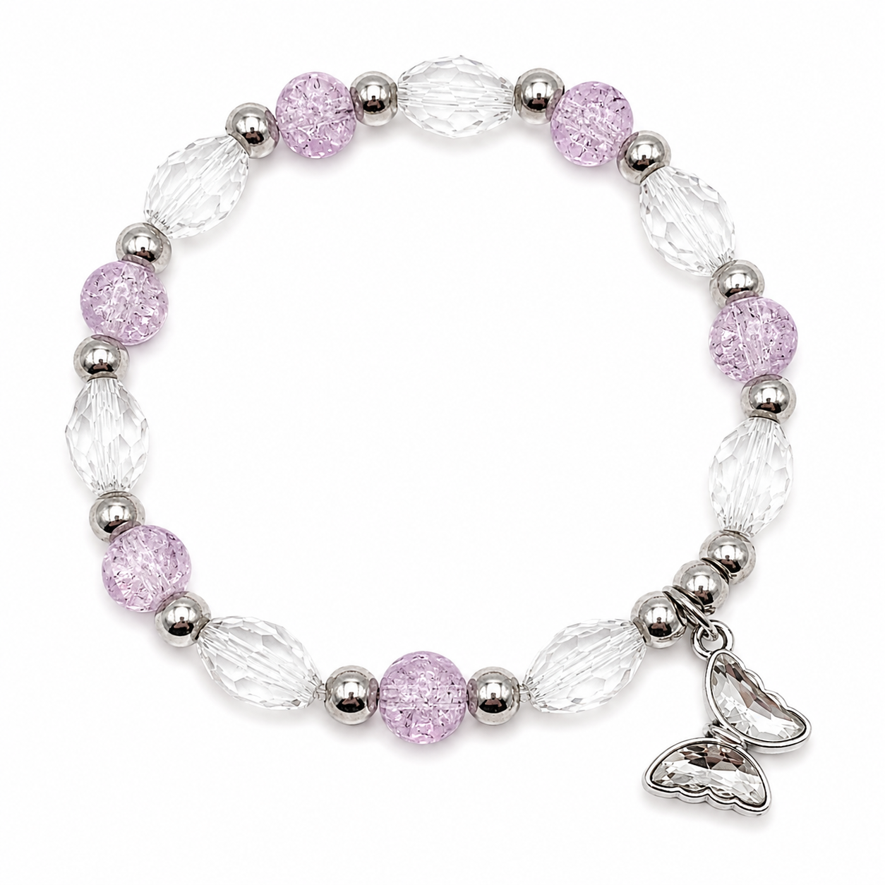 Soft Purple Glass Bead Bracelet with Clear Faceted Beads & Butterfly Charm