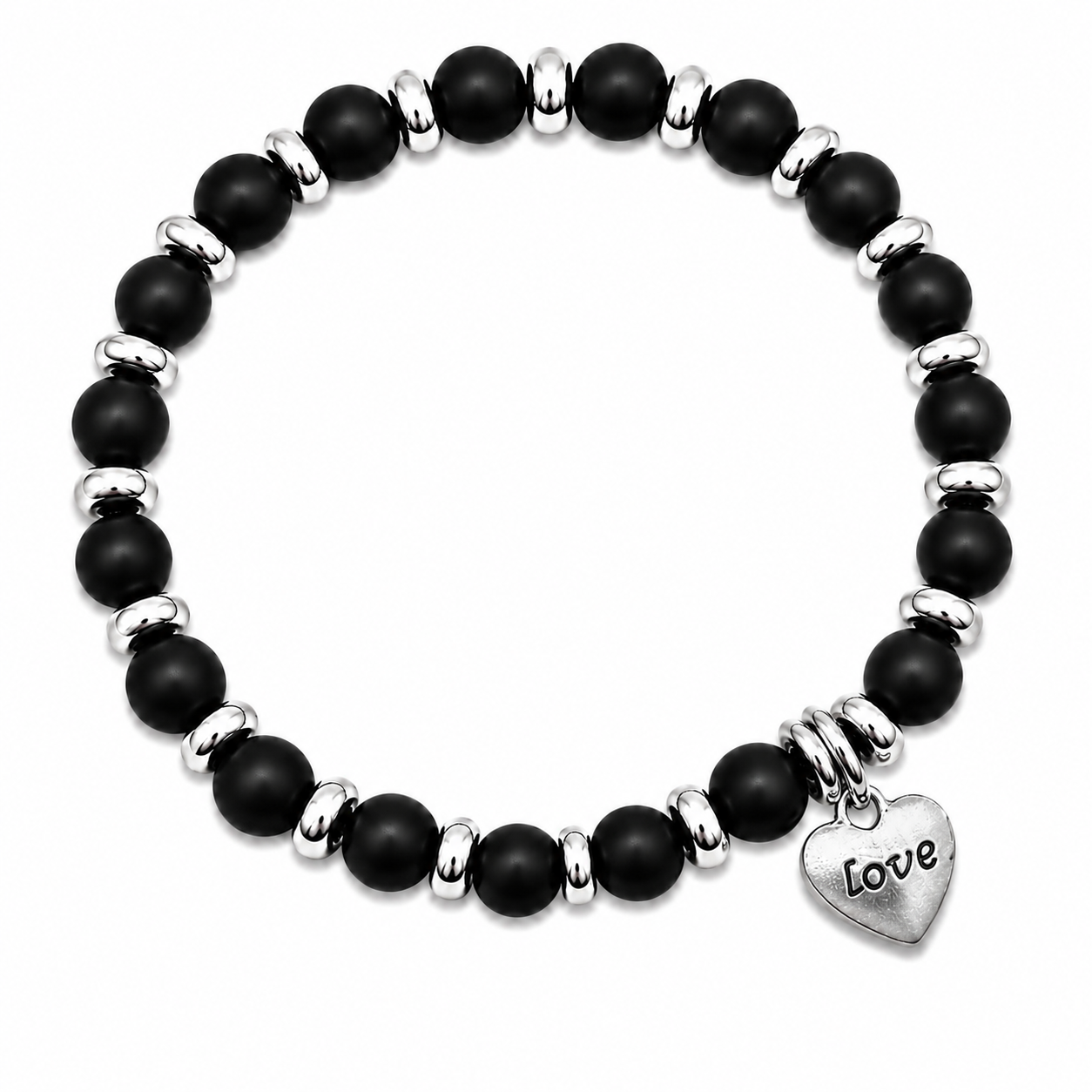 Women’s Black Onyx Bead Bracelet with Love Charm and Flat Spacers - 6mm Stretch Bracelet
