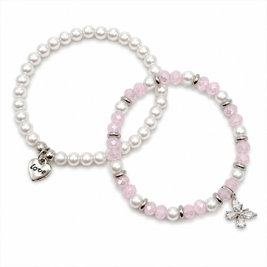Pink & Pearl Bracelet Set with Butterfly & Heart Charms