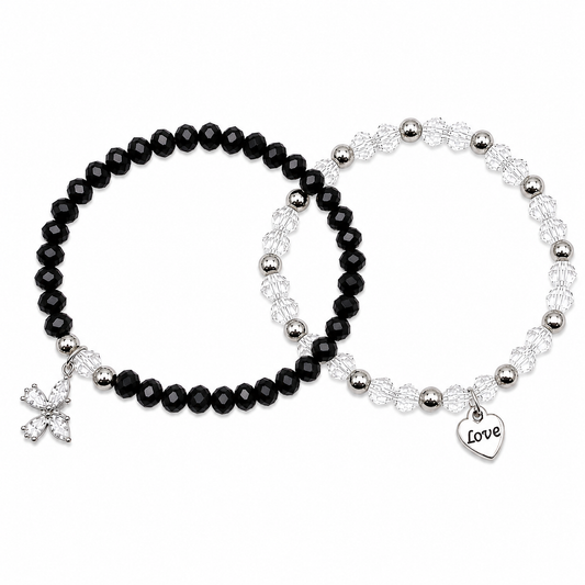 Black & Crystal Butterfly Bracelet Set - Handmade Matching Stretch Bracelets with Silver Heart Charm