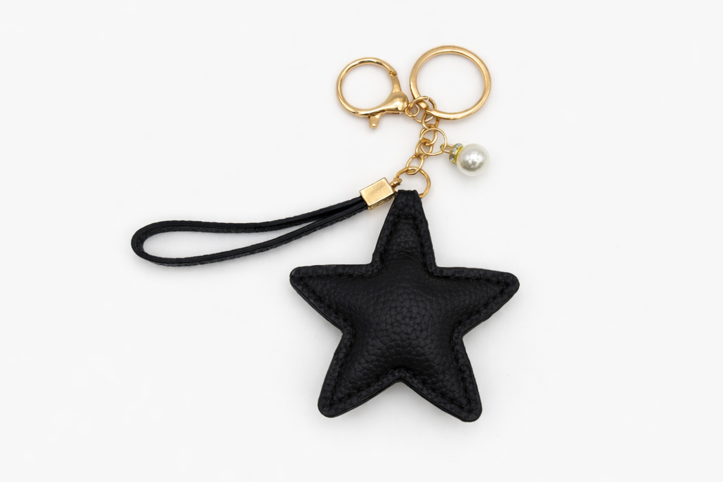 Black Star Faux Leather Keychain with Gold Hardware & Pearl Charm