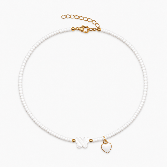 White Butterfly Heart Fashion Necklace - Minimalist Beaded Choker Necklace for Women