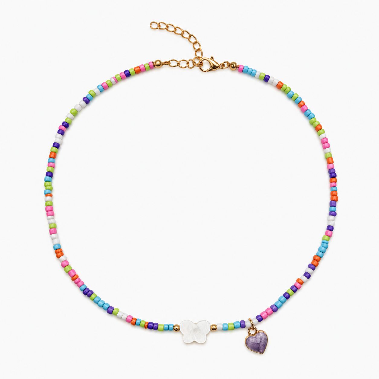 Colorful Butterfly Heart Fashion Necklace - Cute Beaded Choker Necklace for Women