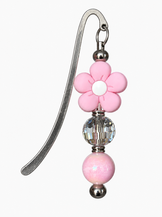 Pink Flower Beaded Bookmark - Handmade Floral Bookmark Gift for Book Lovers