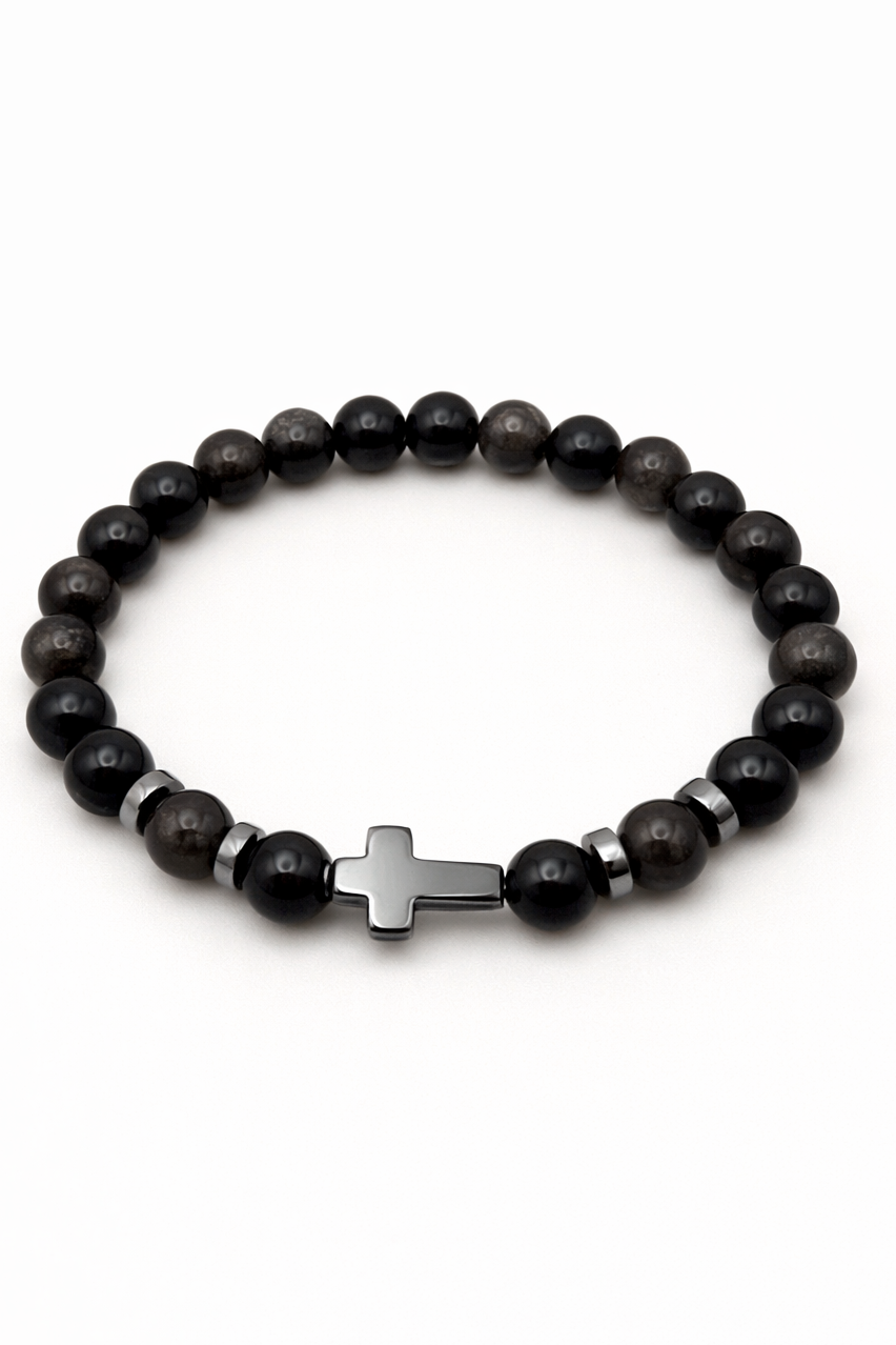 Obsidian Silvery Black with Hematite Cross - 8mm Beaded Stretch Bracelet