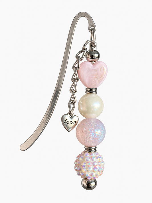 Pink Heart Beaded Bookmark - Handmade Pearl & Crystal Book Lover Gift