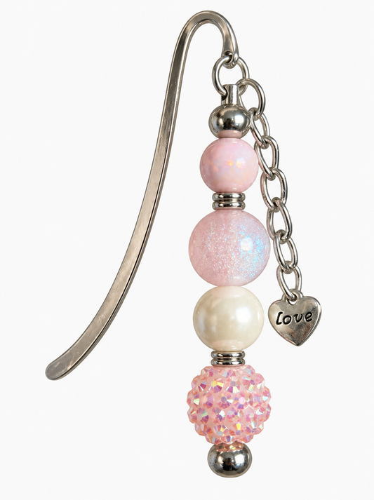 Pink Pearl & Crystal Beaded Bookmark with Love Heart Charm - Handmade Reader Gift