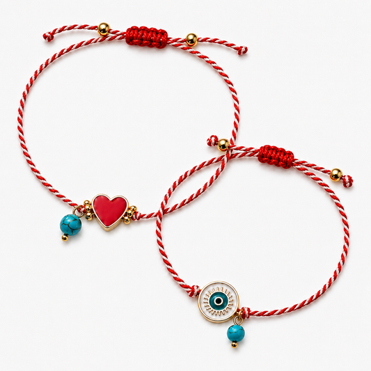 Red Heart & Evil Eye Friendship Bracelet Set - Matching Fashion Bracelets for Women