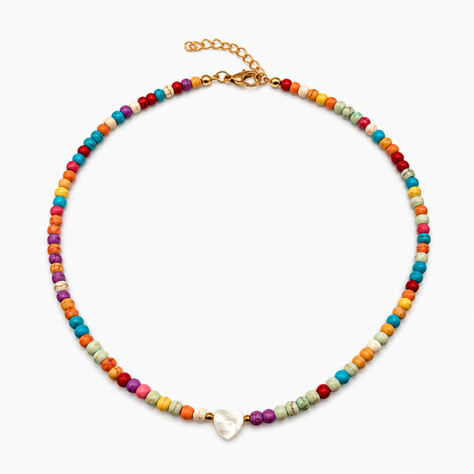 Colorful Heart Beaded Necklace -  Multicolor Stone Bead Choker with Mother of Pearl Heart Charm