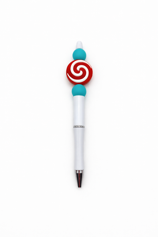 Lollipop Swirl Beaded Pen – Red & White Lollipop with Teal Accents