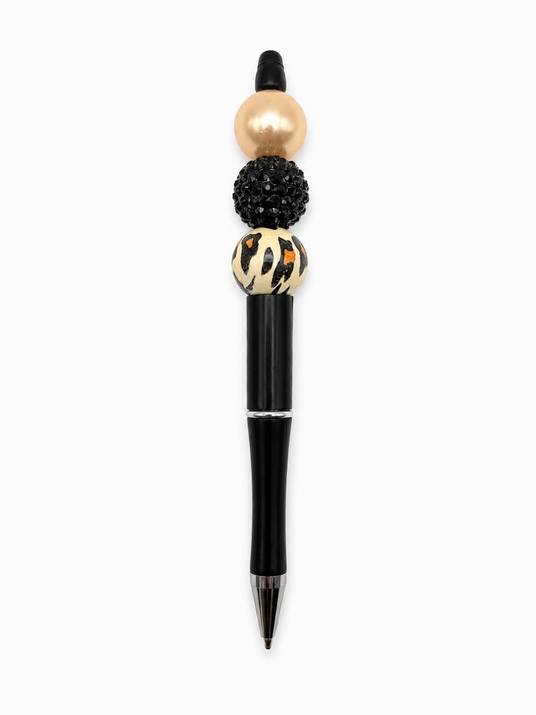 Leopard Gold Glam Beaded Pen - Black Rhinestone & Animal Print Beads - Refillable Black Barrel Pen