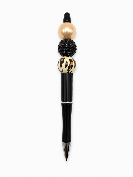 Leopard Gold Glam Beaded Pen - Black Rhinestone & Animal Print Beads - Refillable Black Barrel Pen