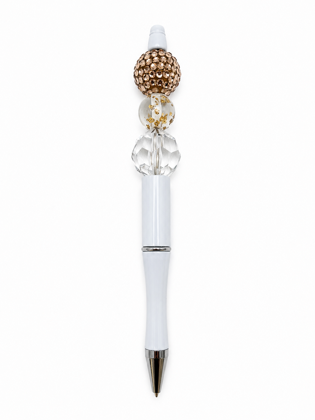 Golden Crystal Luxe Beaded Pen - Gold Rhinestone & Clear Beads - Refillable White Barrel Pen