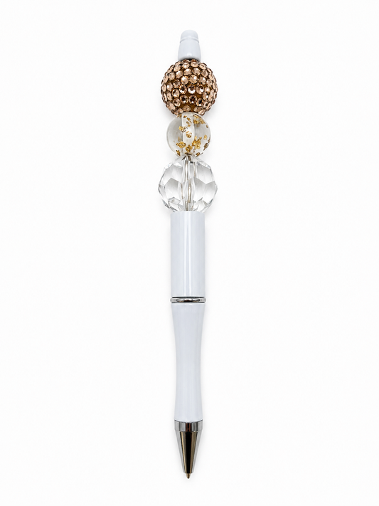 Golden Crystal Luxe Beaded Pen - Gold Rhinestone & Clear Beads - Refillable White Barrel Pen