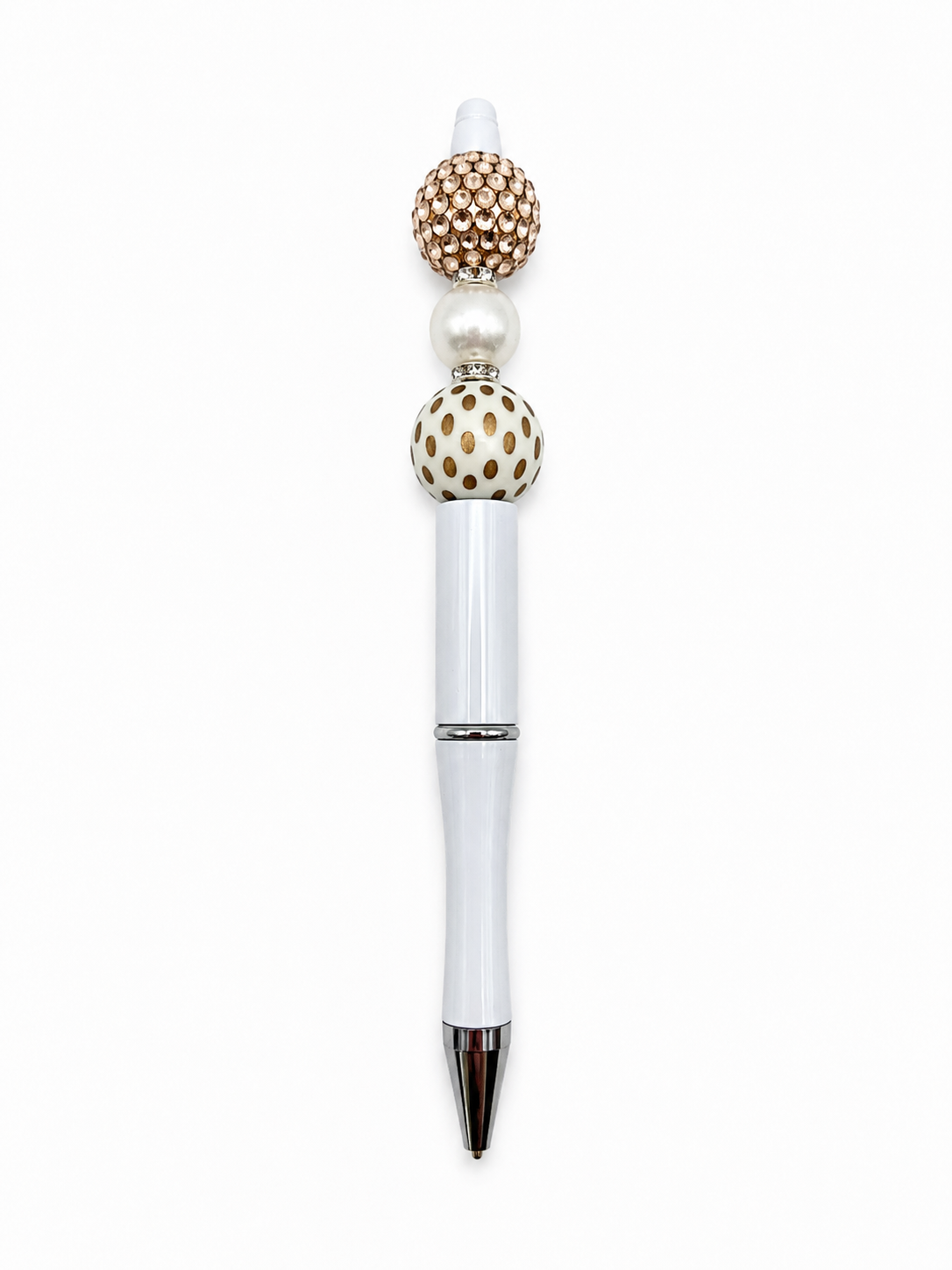 Champagne Pearl Glam Beaded Pen - Gold Rhinestone & Polka Dot Beads - Refillable White Barrel Pen