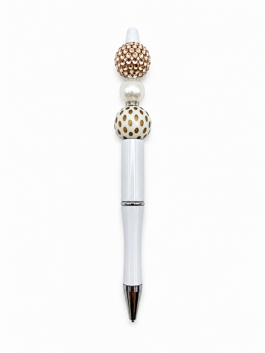 Champagne Pearl Glam Beaded Pen - Gold Rhinestone & Polka Dot Beads - Refillable White Barrel Pen