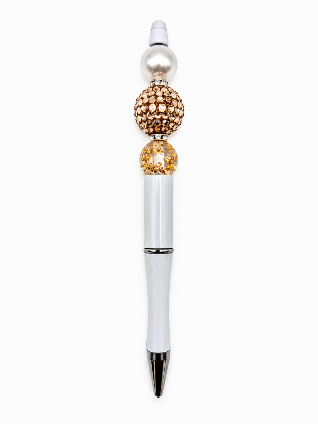 Gold Glam Beaded Pen - Pearl & Rhinestone with Gold Foil Bead - Refillable White Barrel Pen