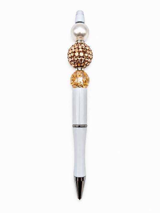 Gold Glam Beaded Pen - Pearl & Rhinestone with Gold Foil Bead - Refillable White Barrel Pen