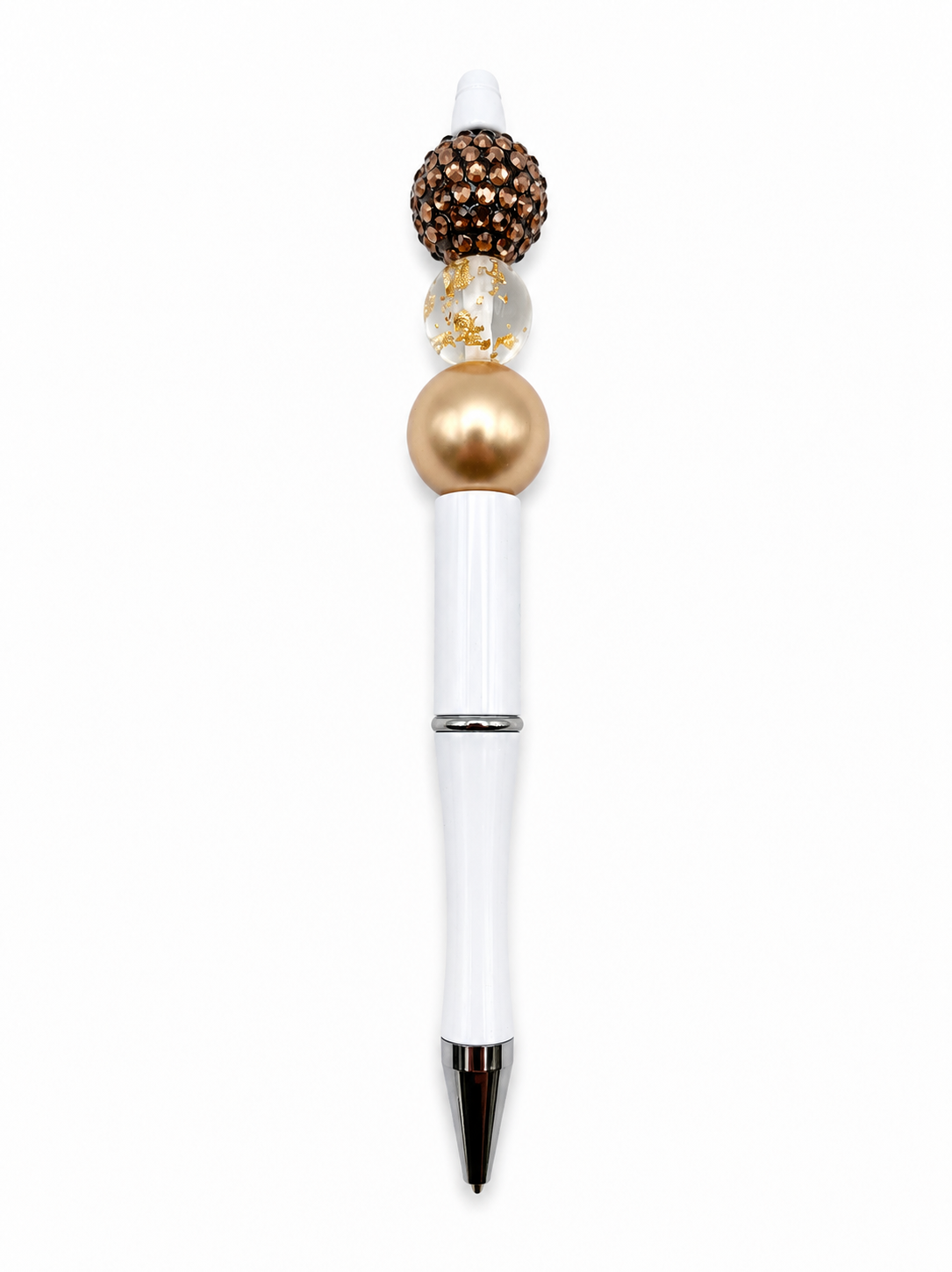Mocha Gold Luxe Beaded Pen - Brown Rhinestone & Gold Foil Beads - Refillable White Barrel Pen