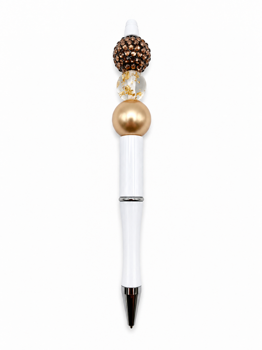 Mocha Gold Luxe Beaded Pen - Brown Rhinestone & Gold Foil Beads - Refillable White Barrel Pen