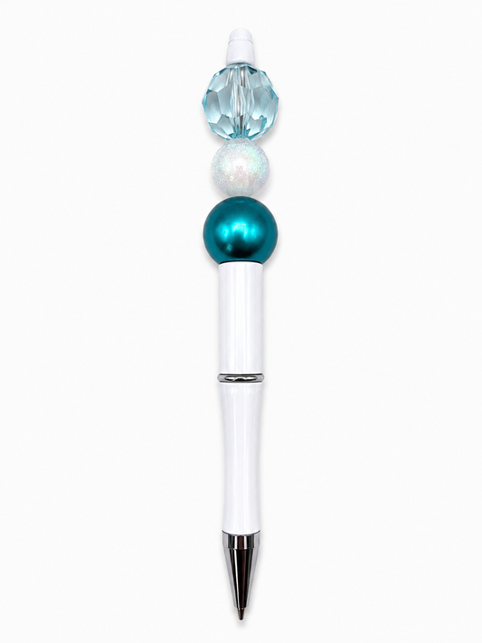 Ocean Breeze Beaded Pen – Teal & White Sparkle Beads with White Barrel